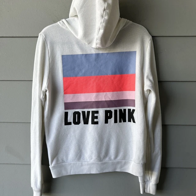 Victoria's Secret Love Pink Sweatshirt Size Medium Half Zip White Hoodie Stripe