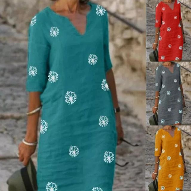 Robe été Ample Femme Floral - 70% Coton 30% Lin, Taille Unique Grande 14-18
