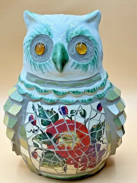 Large Ceramic Owl Figurine Mosaic Pottery Handmade Mexico W/ Glass Eyes