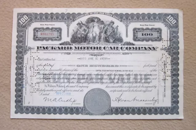 Packard Motor Car Company stock certificate – 1931