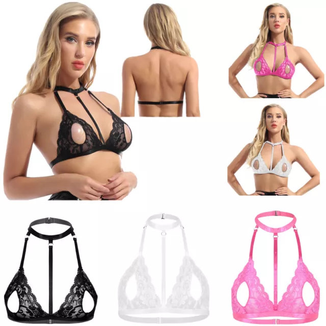 Womens See-through Mesh Unlined Bra Halter O Ring Backless