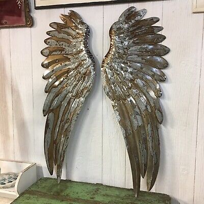 Large 43” Set Of Galvanized Metal Angel Wings Pair Rustic Hanging Wall Decor Art