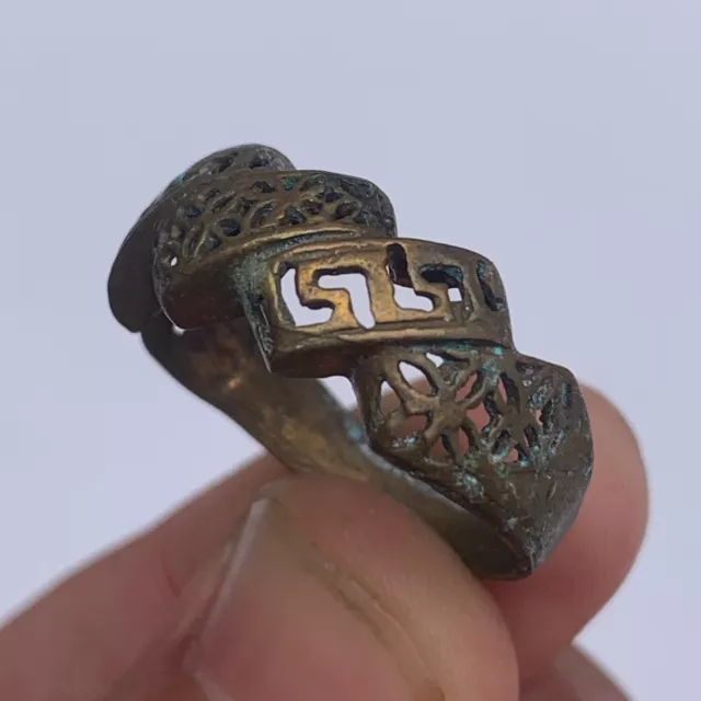 Ancient Bronze Ring Viking with Pattern Artifact Antique Original Size 12 US