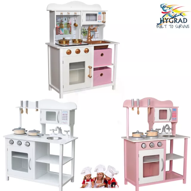 HYGRAD Kids Wooden Play Kitchen Set Children's Role Play Pretend Toy Pink  White