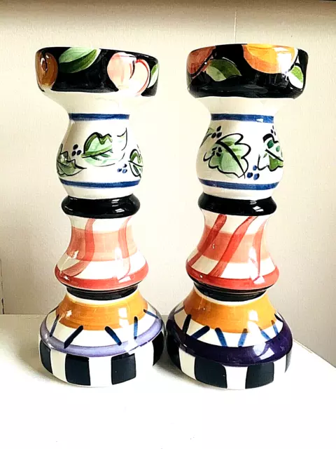 Vtg  Vicki Carroll Pottery Color Candlestick Holders or Vases 1995 Signed Pair