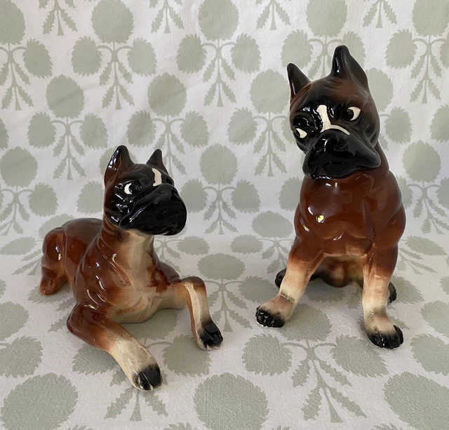 Vintage Ceramic Brown Boxer Dog Pair 7” Tall Large Figurines Made in Japan
