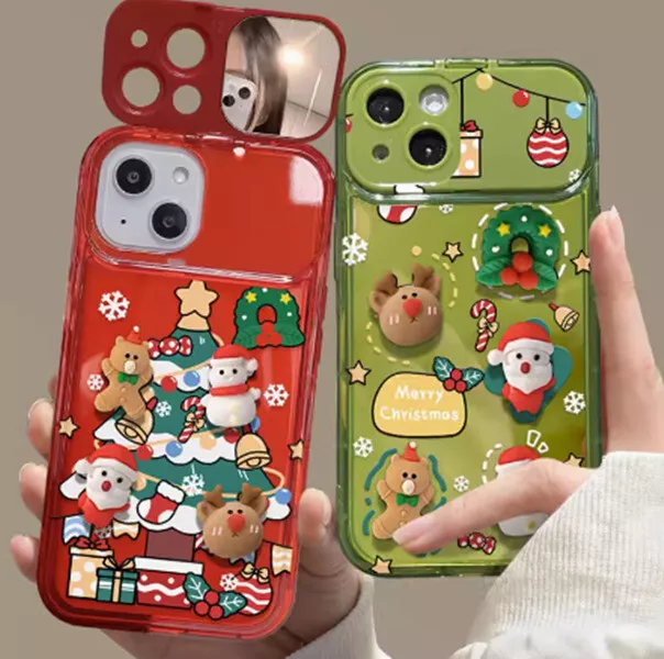 For iPhone 15 Pro Max 14 13 12 Christmas Tree Pendant Flip Mirror Case Cover 2