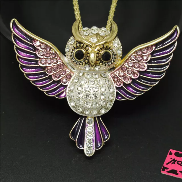 New Fashion Lady Purple Enamel Cute Owl Bird Crystal Pendant Women Necklace