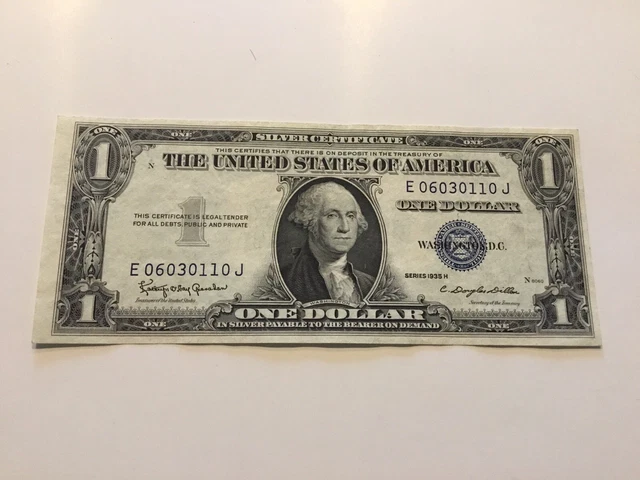 Vintage $1 1935-H Silver Certificate One Dollar Bill $1 Washington Blue Seal Vnc 2