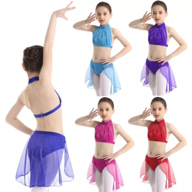 Kids Girls 2 Piece Lyrical Ballet Dance Outfits Crop Top with Skirted Bottom Set 3