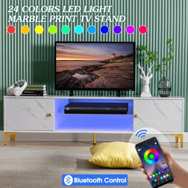 White Marble TV Stand Unit Cabinet 24-Color LED Entertainment Center Living Room White Marble TV Stand Unit Cabinet 24-Color LED Entertainment Center Living Room