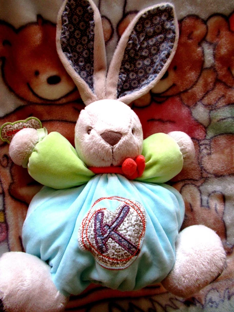 doudou kaloo boule lapin bleu vert grelot kom neuf 30/43CM