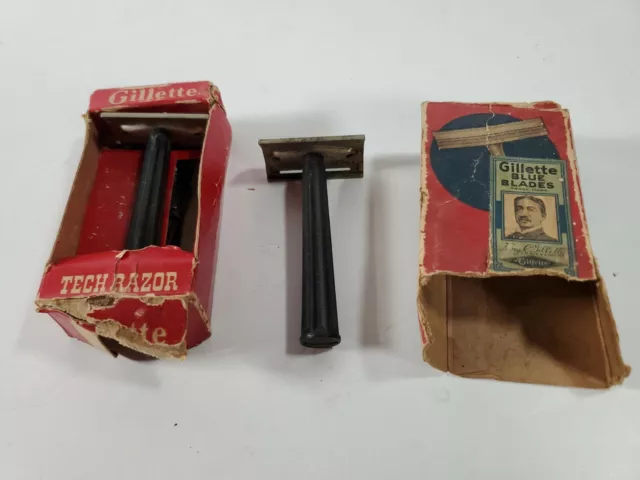 Gillette Tech Razor Vintage 2 Razors Black Handle 1 Box Sold AS IS