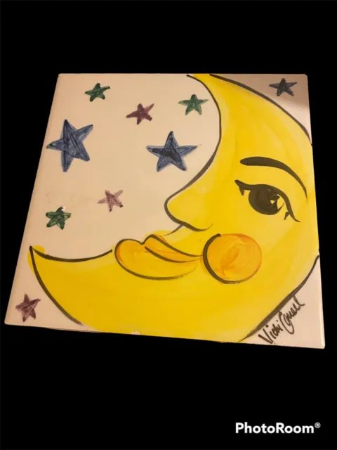 Vicki Carroll Hand Painted Pottery Tile Trivet MAN IN THE MOON~signed