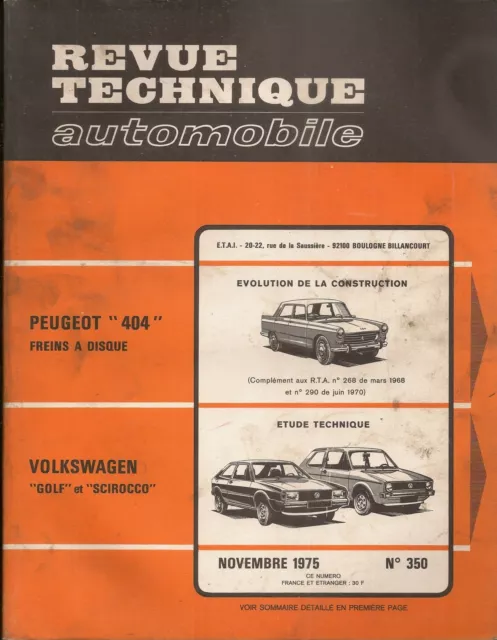Revue Technique Automobile 350 Rta 1975 Volkswagen Golf & Sirocco Peugeot 404