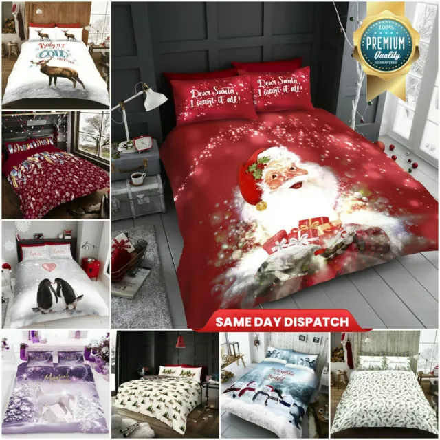 Christmas Duvet Cover Set Reversible Quilt XMAS Bedding Single Double King Size