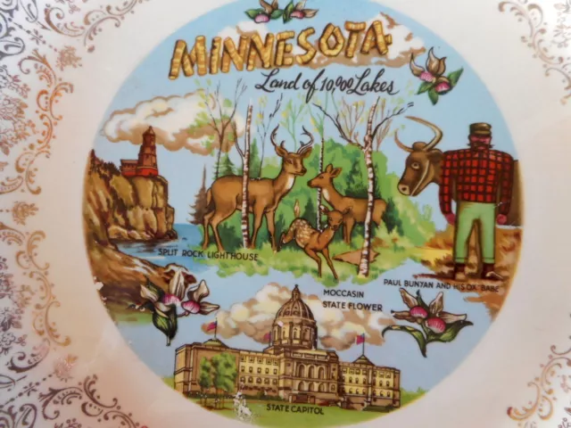 Minnesota Plate Souvenir Paul Bunyan Split Rock Lighthouse Moccasin Flower