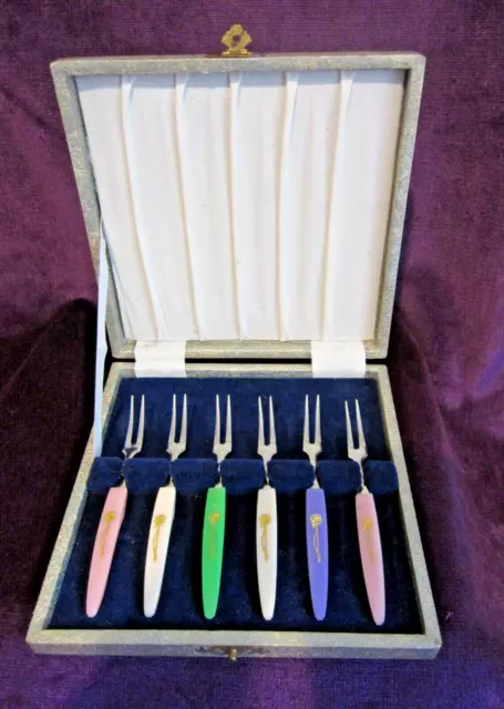 VINTAGE RETRO  STAINLESS STEEL and PLASTIC  SAVOURY 'LITTLE FORKS' BOXED