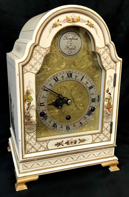 Stunning Antique Musical Cream Chinoiserie Three Train Clock Lacquered Oriental