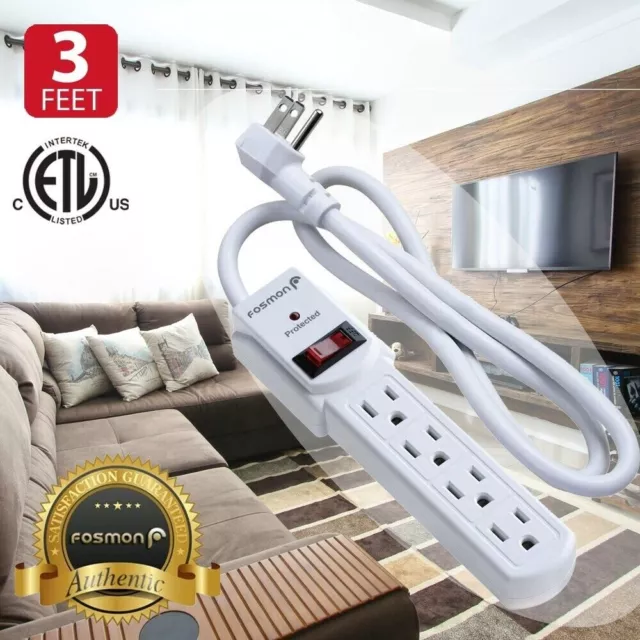 4 Outlet Surge Protector Power Strip Grounded Flat Plug Extension Cord 300J 3FT