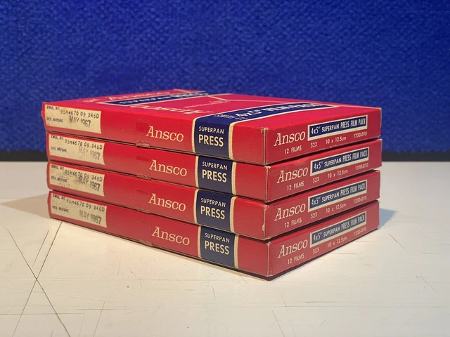 Lote de 4 paquetes de películas en blanco y negro caducados 4x5 Ansco Superpan Press EE. UU. 1967