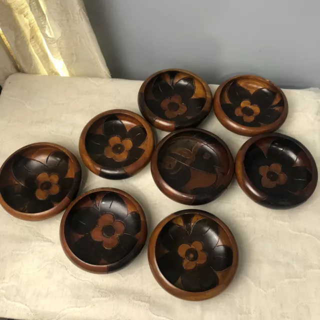 8 PCs Vitange Flower Wood Carved Salad Bowls Trinket Holder Floral Hippie Boho