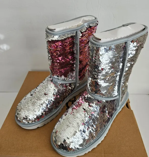 NEW UGG Classic Short Silver Sparkles Sequin Sheepskin Boots Size US 8 Womens 2