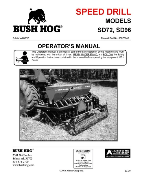 Instruction Operator Maintenance Manual Fits Bush Hog SD72 SD96 Seed Drill