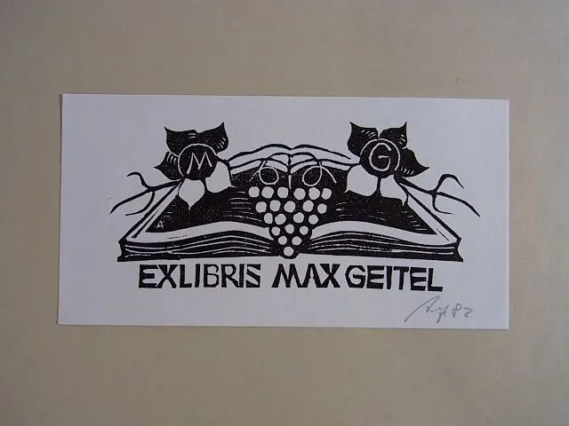 Exlibris für Max Geitel. Motiv: Aufgeschlagenes Buch und Weinreben. Linolschnitt