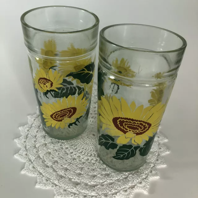 Vintage Sunflower Drinking Glass Tumbler Style Anchor Hocking (2) Yellow, Green