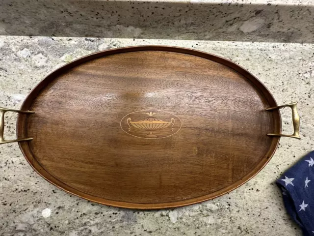 Antique Edwardian Oval Serving Tray Mahogany w/ Inlaid Maple & Brass Handles