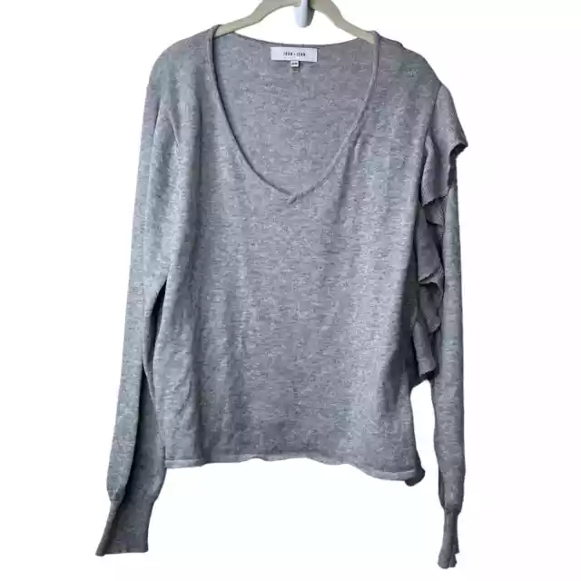 John + Jenn Wool Blend Gray V Neck Ruffle Pullover Sweater Womens Medium