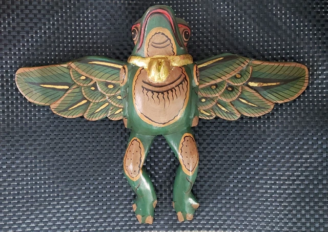 FLYING FROG HANGER, Balinese HANDCRAFTED WOOD, Multi, GREEN (Large) 12"L, Bali