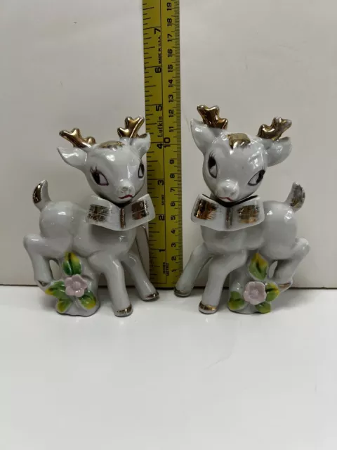 Vtg MCM Gold Deer Reindeer Figurines  Rhinestones Japan Set of 2 Kitschy Cute