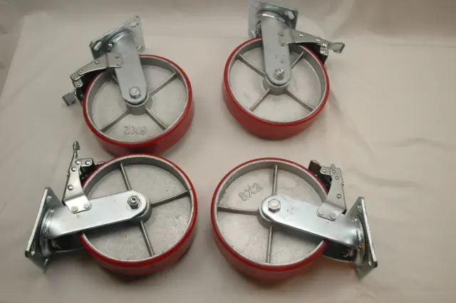 4x 8x2 red poly on cast iron caster wheel with ball bearings swivel and lock