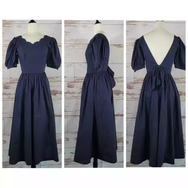 Vintage 80s Laura Ashley Navy Midi Dress Puff Sleeve Bow Size 6