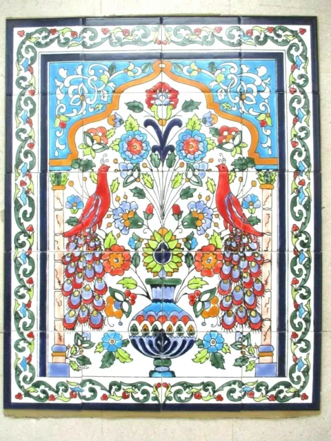 24" x 30" Ceramic tile art Mosaic wall mural panel floral Peacock BACKSPLAH