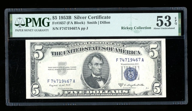 DBR 1953-B $5 Silver Fr. 1657 FA Block PMG 53 EPQ Serial F74719467A