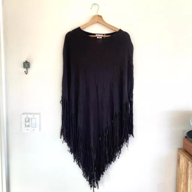 Minnie Rose Vintage Black Fringe Poncho Lightweight Top One Size