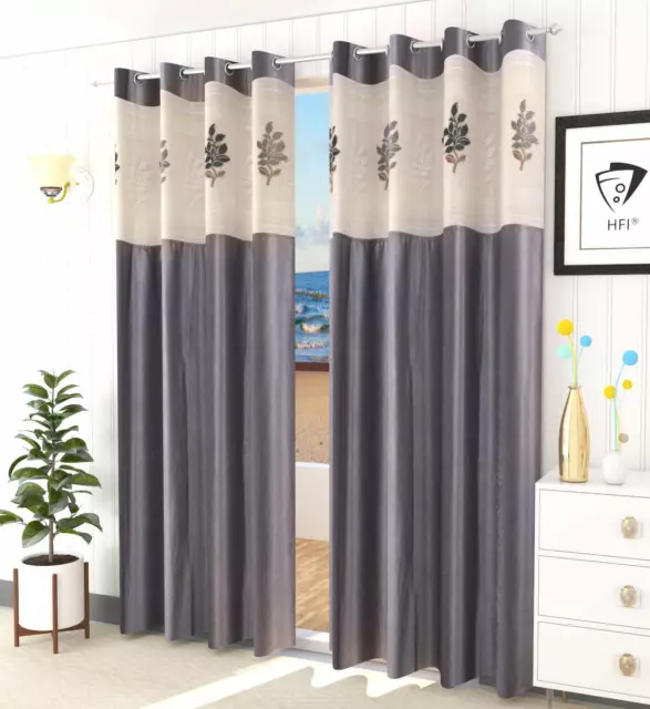 2 Piezas Gris Ojal Puerta Cortinas Con Floral Red Juego 2.1m