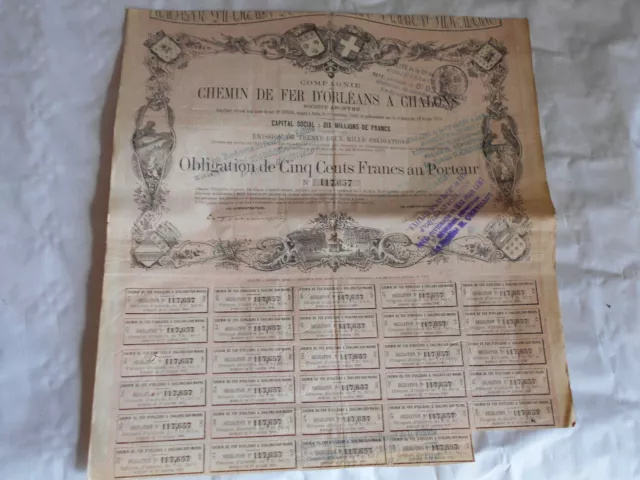 Vintage share certificate Stock Bonds actions chemin de Fer D'orleans chalons