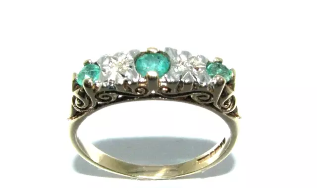 Damen 9ct Gold & Smaragd Diamant Ring UK Größe O