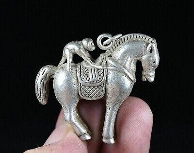 4.5CM Rare Old Chinese Miao Silver Feng Shui Horse Monkey Success Lucky Pendant