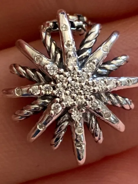 USED David Yurman Sterling Silver 16mm  Starburst Diamond Pendant Necklace