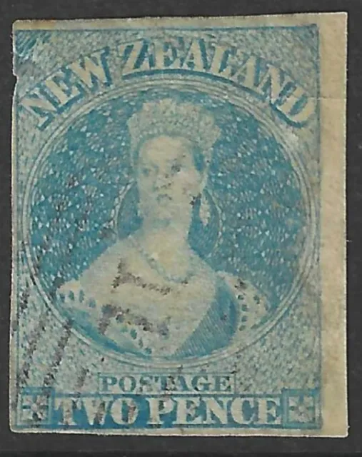 NEW ZEALAND 1857 2d pale blue imperf, vertical mesh, used/fault. SG 9. Cat.£180.