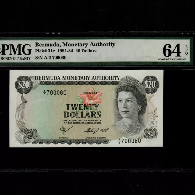 Bermuda 20 Dollars 1984 P-31c * PMG Unc 64 EPQ * Queen Elizabeth *