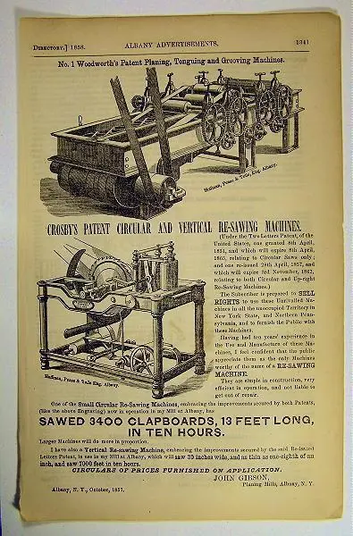 Original Illustrated 1858 Ad Crosby's Patent Re-Sawing Machines Albany NY