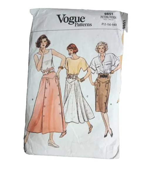 Vintage Vogue Skirt Patterns # 9851 Sewing Fashion Design Style Collectible