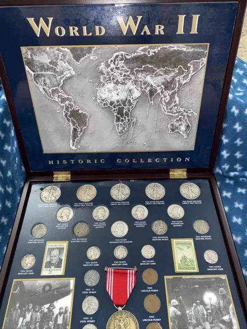 World War II Historic Coin and stamp Collection W/ Wood Box
