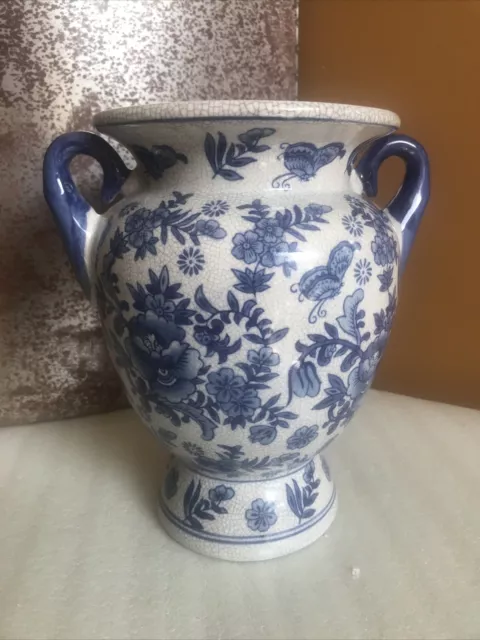 Large Chinoiserie Asian Urn Style Vase Blue & White Crackle Floral Butterfly